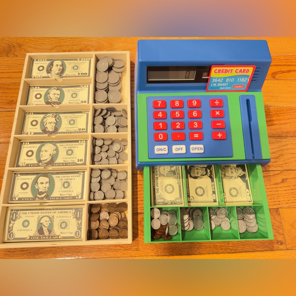 Lakeshore Toy Cash Register with Play Money and Melissa and Doug Play Money Set.